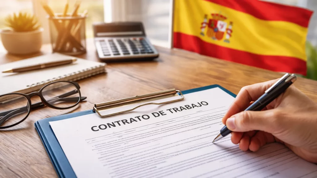 Umowy o pracę w Hiszpanii – podpisywanie kontraktu na tle flagi Hiszpanii i dokumentu „Contrato de Trabajo”