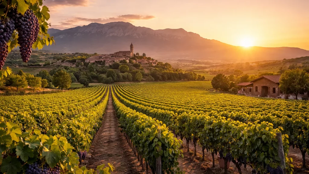 Winnice Rioja o zachodzie słońca – rzędy winorośli w regionie hiszpańskich win DOCa