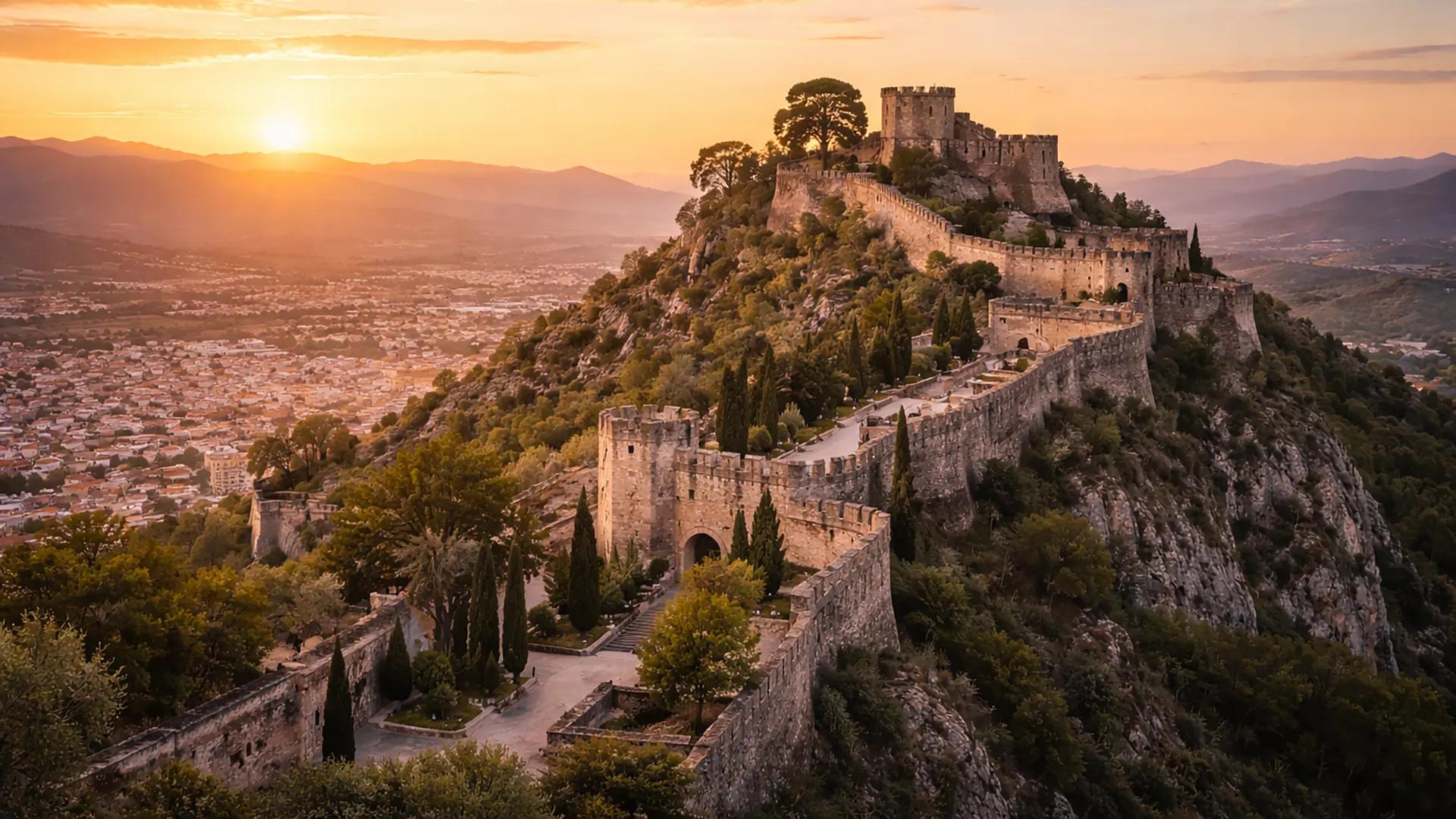 Panorama zamku Xàtiva o zachodzie słońca – Castell de Xàtiva nad doliną Albaida w Hiszpanii