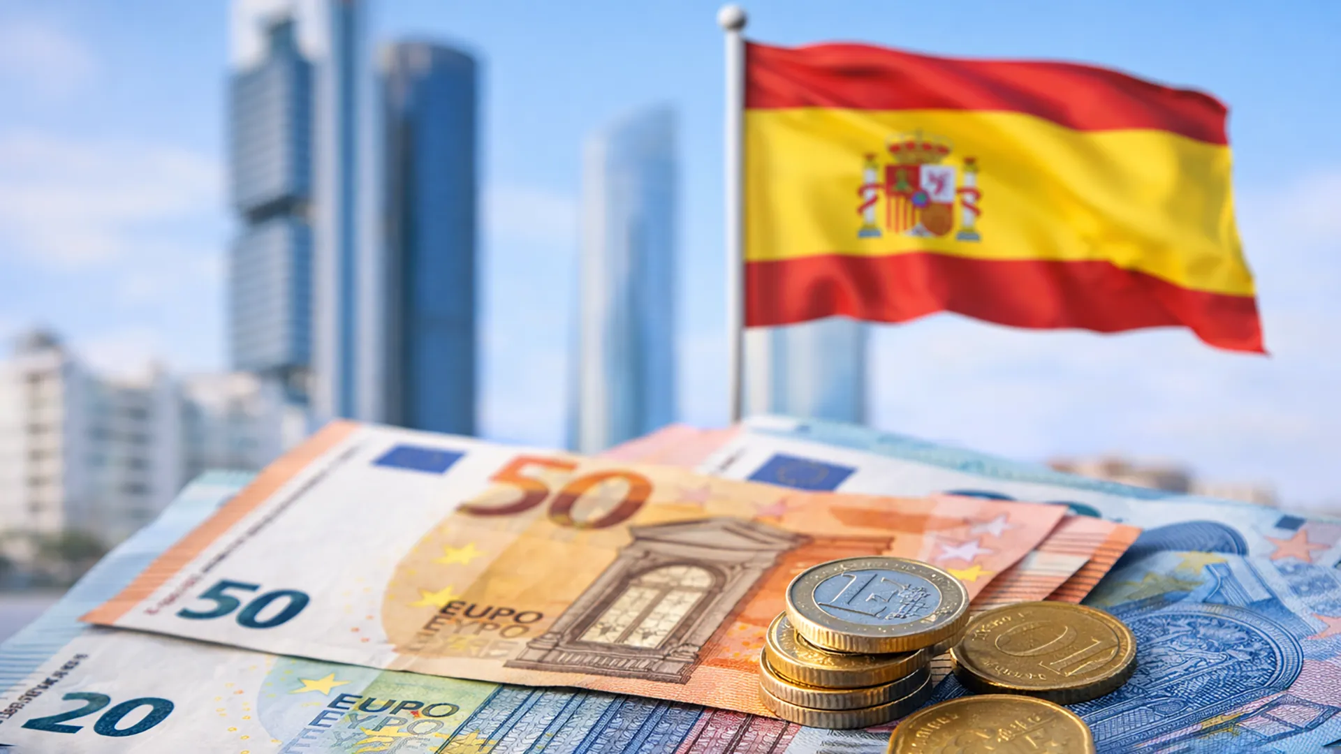Zarobki w Hiszpanii w 2026 roku – banknoty euro na tle flagi Hiszpanii i nowoczesnych biurowców