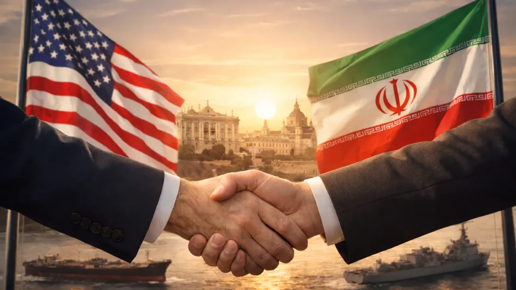 Globalna dyplomacja i napięcia USA Iran na tle mapy świata i stołu negocjacyjnego