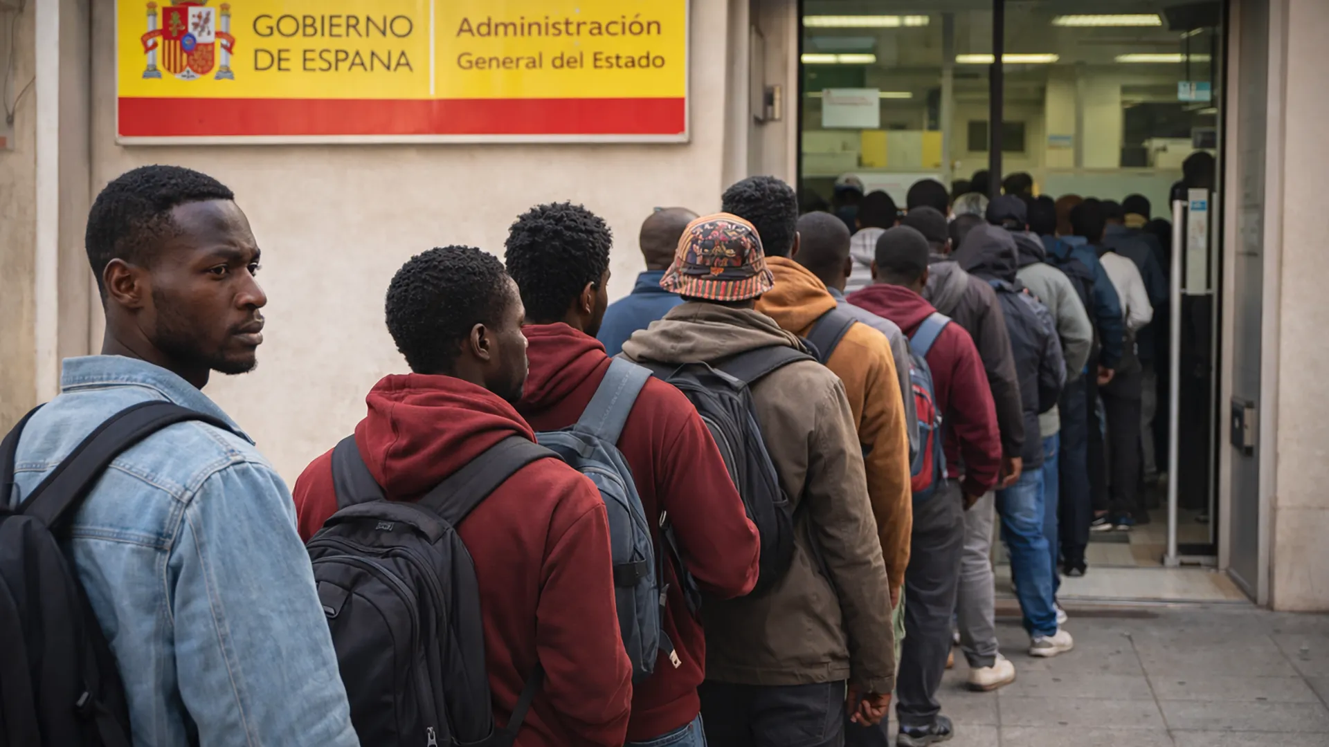 Migranci czekający w kolejce przed urzędem w Hiszpanii – proces legalizacji pobytu w 2026 roku