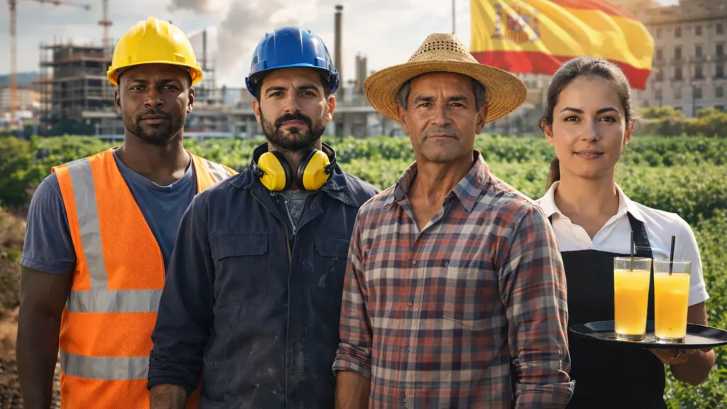 Zróżnicowani pracownicy w Hiszpanii stojący razem na tle budowy – rynek pracy i migracja w 2026 roku