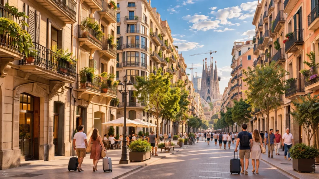 Turyści z walizkami na ulicy Barcelony – wynajem mieszkań i turystyka w Hiszpanii