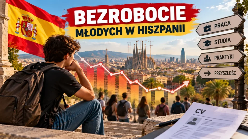 Bezrobocie młodych w Hiszpanii – młody człowiek szukający pracy na tle Barcelony