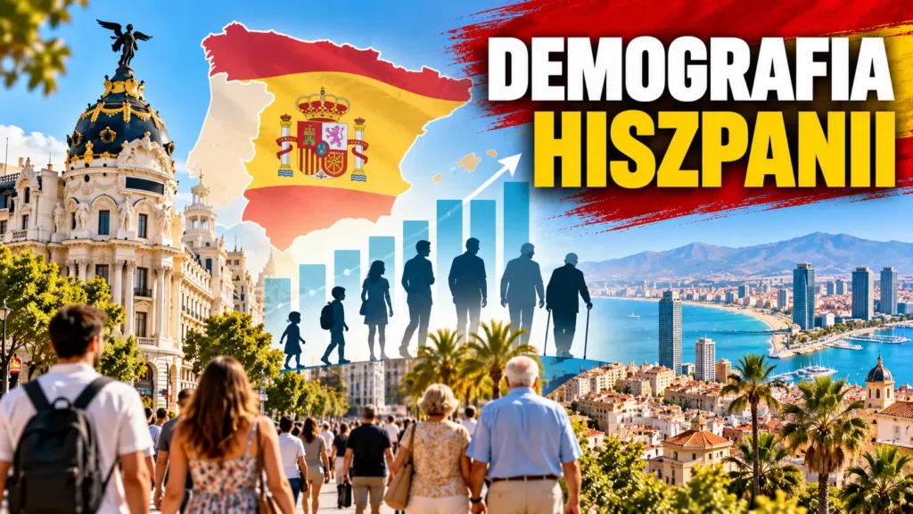 Demografia Hiszpanii – mapa kraju z hiszpańską flagą, wykres wzrostu ludności i mieszkańcy różnych pokoleń