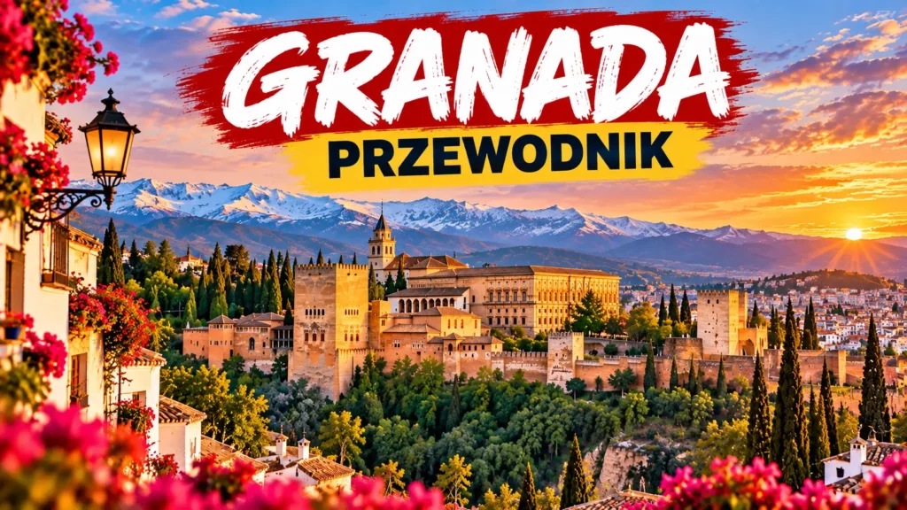 Granada – Alhambra, góry Sierra Nevada i panorama miasta o zachodzie słońca