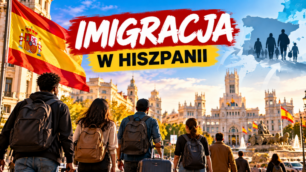 Imigracja w Hiszpanii – migranci na tle hiszpańskiej flagi i panoramy Madrytu