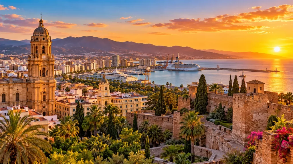 Málaga – panorama miasta, katedra, Alcazaba i port nad Morzem Śródziemnym
