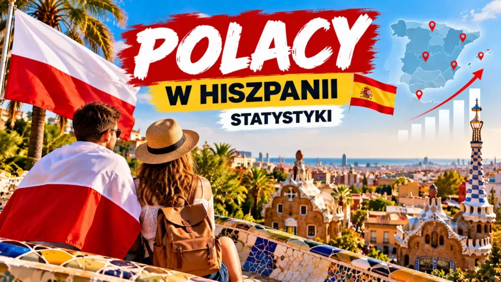 Polacy w Hiszpanii – polska flaga na tle panoramy Barcelony i mapy Hiszpanii