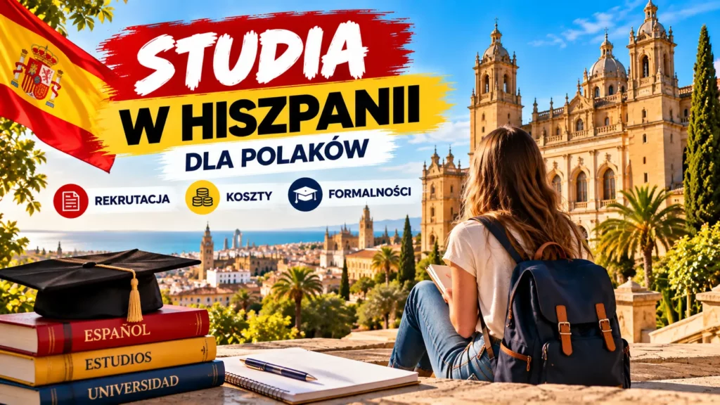 Studia w Hiszpanii dla Polaków – studentka z książkami na tle hiszpańskiego miasta i zabytkowej uczelni