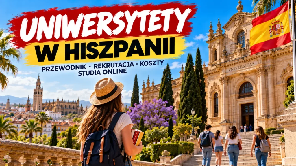 Uniwersytety w Hiszpanii – studentka przed zabytkowym budynkiem uczelni z flagą Hiszpanii