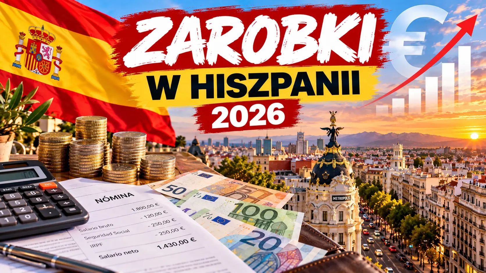 Zarobki w Hiszpanii w 2026 roku – wynagrodzenia i euro na tle panoramy Madrytu